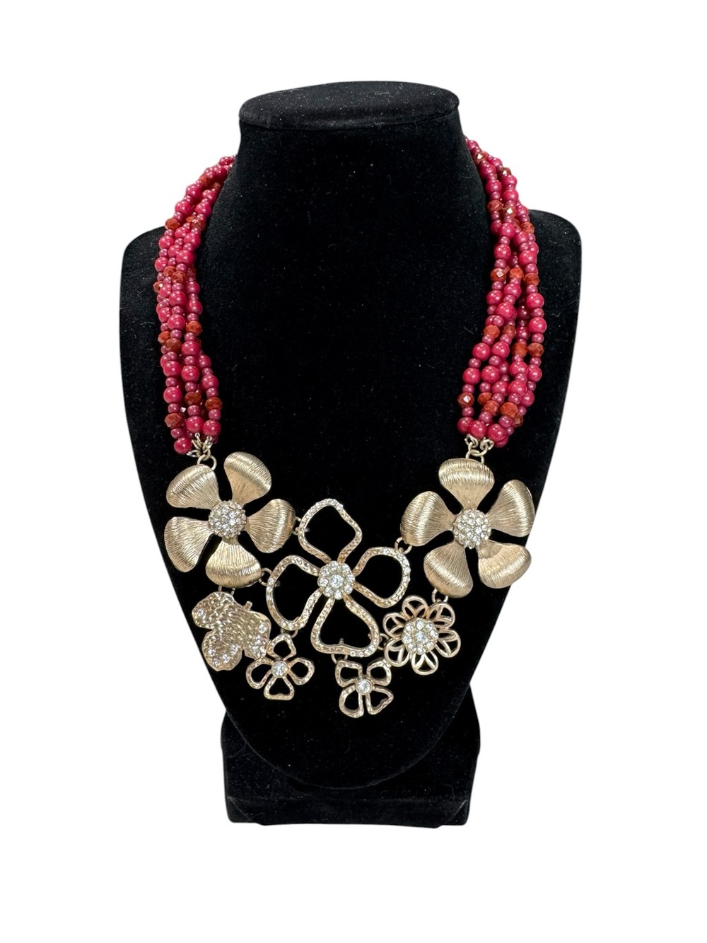 Lydell NYC Red Beaded Multi Row Gold Tone Rhinestone Floral Motif Necklace